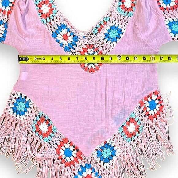 Shoreline Blouse Womens Pink Crochet Crepe Granny Square Size L/XL RUNS SMALL - Picture 3 of 6